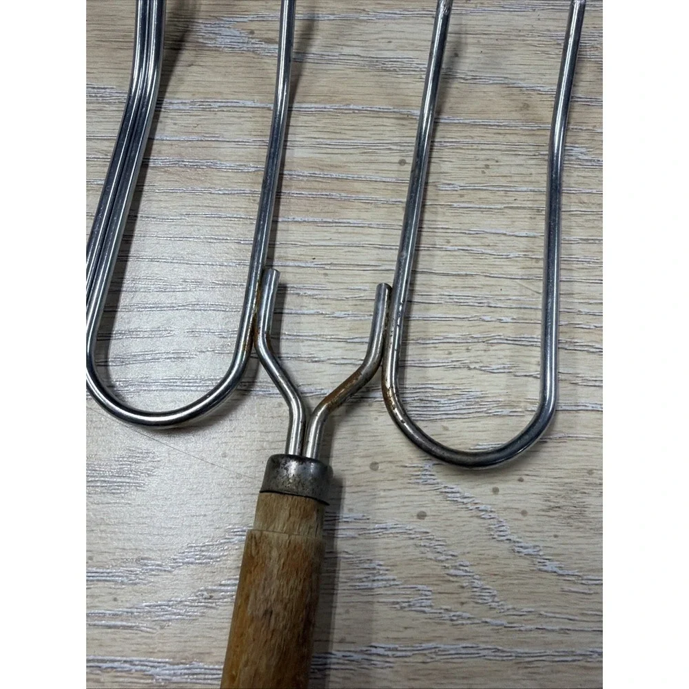 Pair Of‎ Vintage 4-Prong MEAT LIFTING FORKS With Wood Handles 10.5